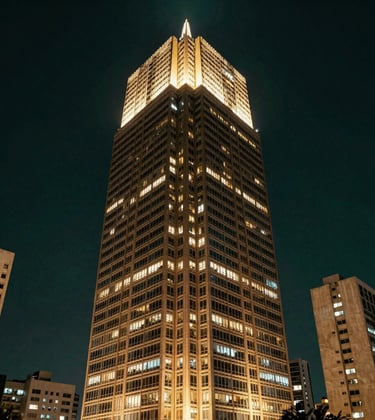 Exterior facade of a modern skyscraper in São Paulo's business district at night, glowing with golden lights against a deep dark green sky. Premium architectural style.
