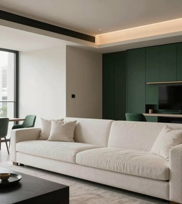 Modern interior of a high-end apartment in São Paulo, featuring clean lines, off-white furniture, and dark green decor accents. The lighting is soft and elegant, typical of a South American / Brazilian premium property.