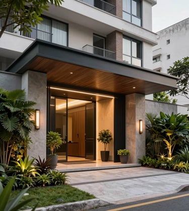 Modern residential entrance with lush landscaping and high-security features in a premium São Paulo neighborhood. Sophisticated architecture.