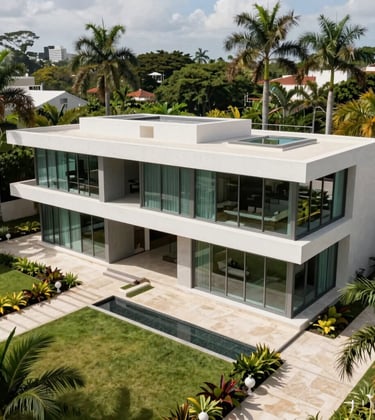 A professional high-angle shot of a luxury estate in Alphaville, featuring contemporary Brazilian architecture with clean lines and expansive glass windows. The property is surrounded by manicured tropical gardens with palm trees. South American / Brazilian residential setting, bright natural lighting, elegant atmosphere.