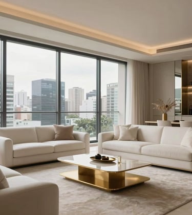 Interior photography of a sophisticated penthouse in Jardins, São Paulo. The scene shows a spacious living area with minimalist luxury furniture in white and off-white tones, with gold accents. Large floor-to-ceiling windows reveal a blurred urban skyline. South American / Brazilian high-end lifestyle.