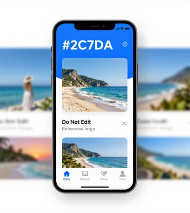 A professional graphic showing social media advertisement mockups on a mobile screen, featuring travel images like beaches and mountains. Designed with #2C7DA0 primary tones.