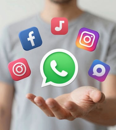 A dynamic image showing social media ad icons (FB/IG) flying into a WhatsApp icon, representing travel lead generation in a modern, clean style.