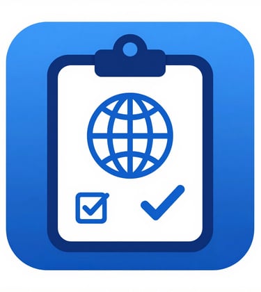 A flat design icon or graphic representing travel business setup: a clipboard with a globe icon and social media checkmarks, using #2C7DA0 and #0F2C3D colors.