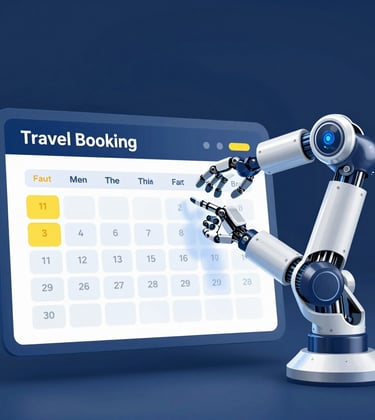 A digital illustration of a robotic arm or chatbot interface interacting with a travel booking calendar. High-tech and automated feel, using the #0F2C3D and #2C7DA0 palette with yellow #E0B95B highlights.