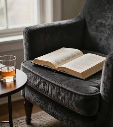 A sophisticated, moody photograph of an open book on a velvet armchair. A single glass of amber liquid sits on a side table. Soft, off-white morning light spills through a window. North American / US interior style, cinematic focus.