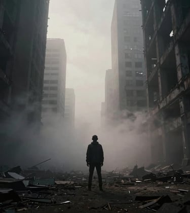 A dramatic, high-contrast photograph of a lone figure standing in a vast, foggy urban ruin. The lighting is cinematic and moody with deep steel gray tones and slivers of off-white light cutting through the haze. North American / US context.