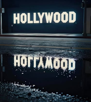 A high-contrast, cinematic photograph of a bright neon sign reflecting in a puddle on a dark Los Angeles street at night. The colors are dark blue and steel gray with sharp off-white reflections, capturing a vibe of Hollywood satire.