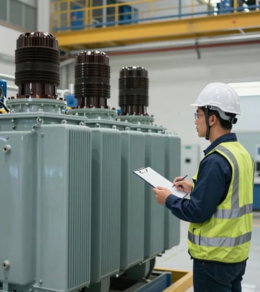 A focused professional engineer in a hard hat inspecting a large industrial electrical transformer at a Southeast Asian facility, clean and modern engineering environment with blue and steel gray tones.