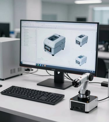 A bright, innovative R&D lab in Malaysia with a workstation showing 3D product designs on a high-resolution monitor and a small robotic prototype on a clean white desk.