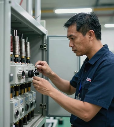 A focused Malaysian engineer in a professional workshop environment inspecting high-voltage switchgear components, illuminated by clean industrial lighting.