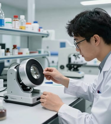 A bright, clean laboratory setting in Malaysia where a product designer is examining a high-tech prototype, emphasizing the R&D focus of Vexty Engineering.