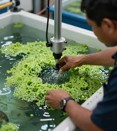 A close-up photograph of a Malaysian technician using an automated aqua system to manage fisheries technology, featuring seafoam green and clear water textures.