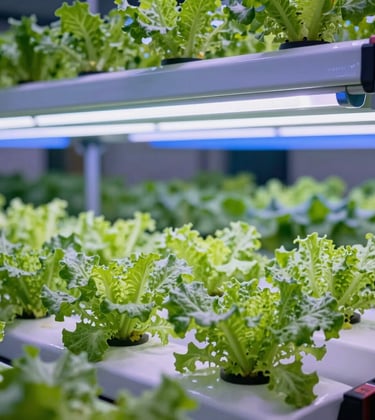 A state-of-the-art hydroponic farm in Southeast Asia with layers of vibrant green leafy vegetables under precision-controlled cool white and soft blue LED lighting.