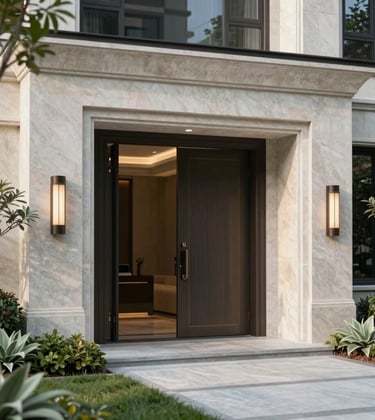 A close-up of a high-end modern residential property entrance in the US, featuring clean limestone textures and professional landscaping, captured in soft morning light with sage green foliage.