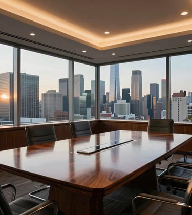 An interior shot of a sophisticated luxury boardroom in a North American corporate building, featuring a polished wooden table and panoramic views of a city skyline at golden hour.