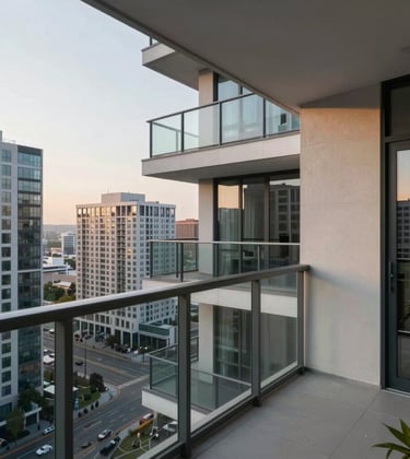 A clean photography shot of a contemporary luxury condo balcony overlooking a modern American city, captured in soft morning light.