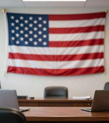 A bright, clean photograph of an American flag in the background of a modern, professional legal or consulting office, representing residency and visa opportunities through property.