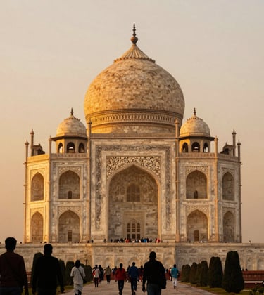 An iconic historical South Asian / Indian monument illuminated during a golden sunset, with silhouettes of travelers in the foreground, atmospheric composition.