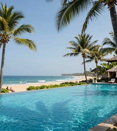 A scenic view of a luxury holiday resort in South Asia / Indian coast with swaying palm trees and a turquoise infinity pool, vibrant sunny day, professional travel photography.
