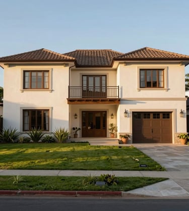 A beautiful residential house facade in Granadero Baigorria, South American style, featuring a manicured lawn and elegant architecture. The lighting is warm and clear, emphasizing a secure and inviting family home.