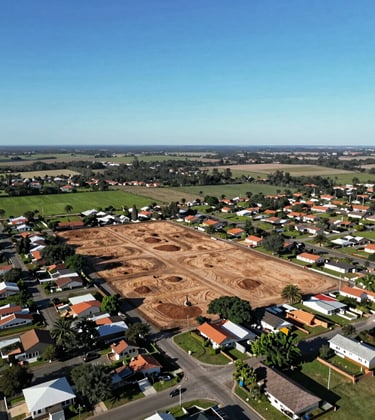 Aerial view of a suburban land plot ready for construction in Granadero Baigorria, Argentina, clear blue sky, green surroundings, professional drone photography.
