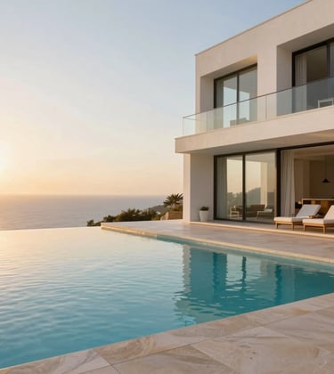 A breathtaking luxury villa with an infinity pool overlooking the horizon. Bright, clean architecture in white and muted sand beige tones, warm champagne gold sunset lighting.