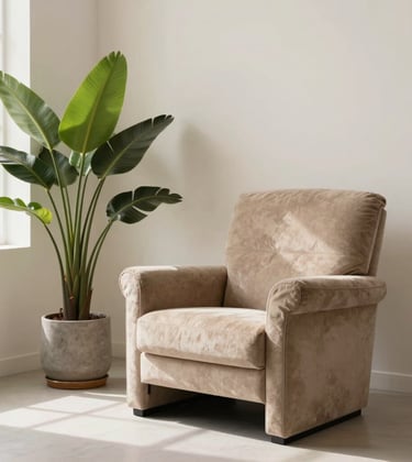 A bright living room corner with a designer armchair in warm taupe beige and a large potted plant. The walls are soft cream off-white.