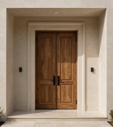 An elegant entryway of a luxury villa with a large wooden door and minimalist landscaping. Neutral tones of warm taupe beige and soft cream off-white predominate.