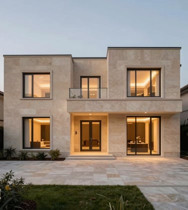 Luxury family house exterior at dusk, soft warm lighting from within, minimalist landscaping, muted sand beige stone facade, premium photography.