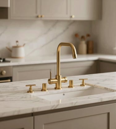 Close-up of a high-end kitchen with marble countertops and muted gold fixtures. The lighting is soft and natural, emphasizing the clean lines and premium materials. Palette includes soft cream off-white and warm taupe beige.