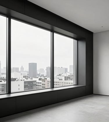 High-end minimalist apartment interior, large windows showing a cityscape, deep charcoal black accents and soft pearl white walls, elegant premium aesthetic.