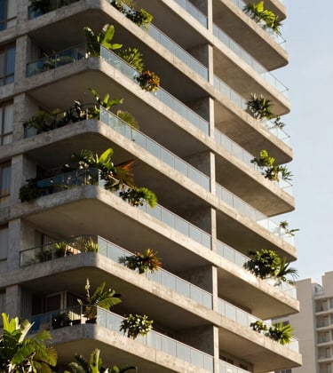A close-up architectural photograph of a luxury high-rise balcony in a Brazilian metropolis. The sun shines brightly on sleek concrete and steel edges, with lush tropical greenery integrated into the building design. High-end, South American / Brazilian premium real estate vibe.