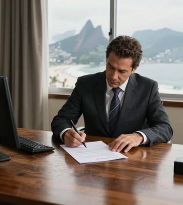 A sophisticated lifestyle scene in a South American / Brazilian setting. A person in professional attire is signing a document on a heavy wooden desk with a window view of the Ipanema coastline in the background. Natural morning light, elegant and trustworthy atmosphere.