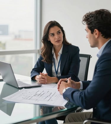 A bright and airy photograph of two professionals in a modern office meeting in Brazil, sitting at a glass table with architectural blueprints and a laptop. Soft daylight illuminates the room. Professional, South American / Brazilian corporate aesthetic.