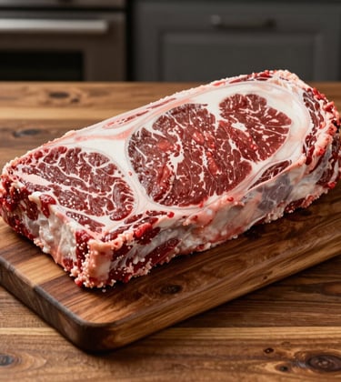 High-quality, professional photography of premium beef products on a rustic medium brown wooden surface in a North American / US kitchen setting. The lighting is clean and modern.