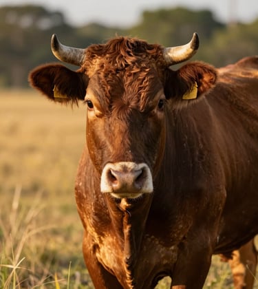 A close-up photograph of a healthy, robust steer in a sunlit North Florida pasture. The cattle has a sleek coat, reflecting the high quality of care. The background is a soft-focus blur of Golden Sand grasses and green foliage in a North American / US ranch setting during the golden hour.