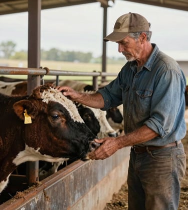 A hardworking farmer in a North American / US ranch setting, inspecting the quality of the livestock. Rustic and modern feel with dark espresso and muted tan accents.