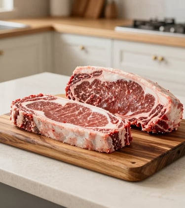 Commercial food photography of premium beef cuts displayed on a rustic Cedar Brown wooden board. The composition is clean and modern, with natural lighting that emphasizes the rich texture of the product. The scene is set in a bright, modern North American / US ranch kitchen with Golden Sand and Bone White accents.