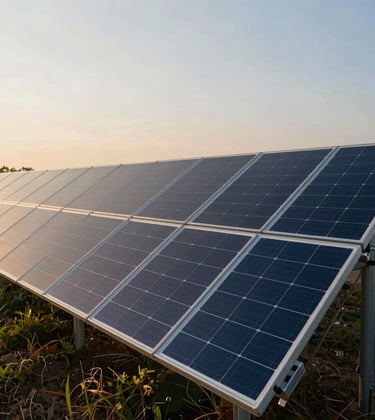 A high-quality image of solar panels in a field, capturing the sunrise. The lighting is crisp, highlighting the textures of the panels. The composition is professional and reflects clean energy growth. Tones of #2A5B6F and #E8F2F3.