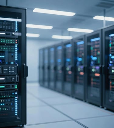 Clean, futuristic interior of a data center with soft blue ambient lighting #2A5B6F, reflecting high-tech infrastructure and asset management, institutional quality.