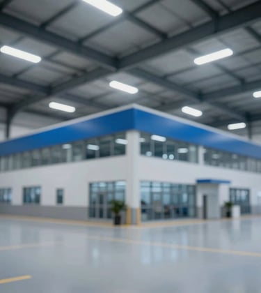A modern warehouse facility with sleek architecture and blue lighting accents. The image is clean and corporate, highlighting logistics efficiency and modern investment properties. Professional lighting and sharp focus.