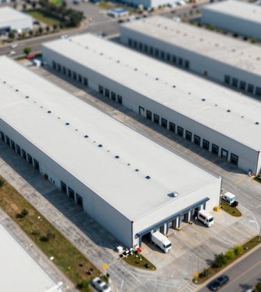 Wide aerial shot of a modern, organized logistics center with multiple loading docks, clean design, bright daylight, representing core income-generating real estate assets.