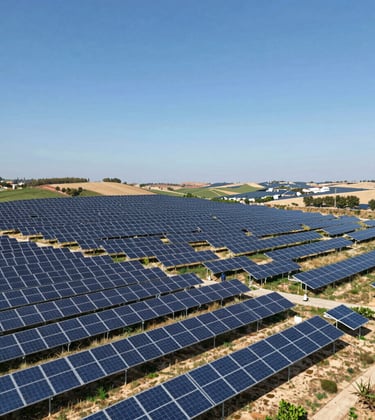 Large-scale solar energy park in the rolling hills of Portugal under a bright sun, symbolizing HUS Invest's focus on sustainable real assets and international projects.