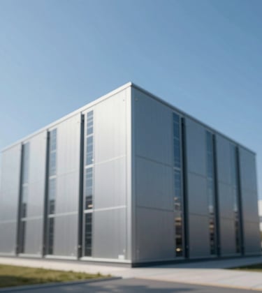 An architectural photograph of a modern data center exterior. Minimalist design with metal cladding and clean lines under a bright blue sky. Professional, corporate, and technologically advanced feel.