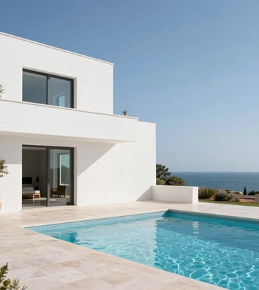 A slow-motion style photography capture of a white minimalist villa with a swimming pool and a view of the sea. The lighting is bright and clear. Southern European / Portuguese architectural style, elegant and premium.