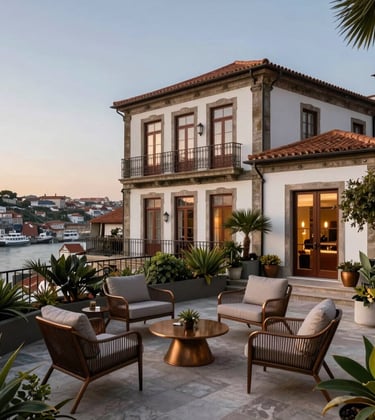 A high-end estate in Porto overlooking the river. The photography features a terrace with elegant outdoor furniture in muted bronze tones and lush Mediterranean plants. Southern European / Portuguese architecture at dusk.