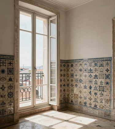 A photography shot of a luxury apartment interior in Lisbon with traditional hand-painted tiles and large windows opening to a sunny balcony. The style is sophisticated and airy with warm taupe and soft off-white accents. Southern European / Portuguese setting.