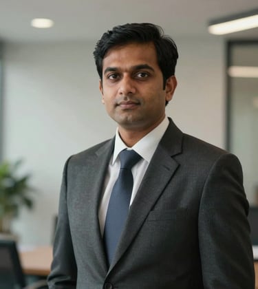 A sophisticated South Asian / Indian professional in business attire looking forward with confidence, set against a clean, premium office background with soft lighting, representing trust and leadership.