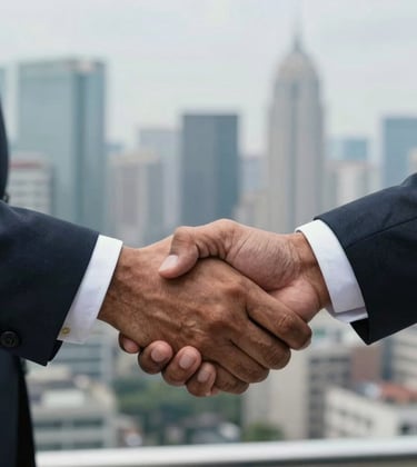 Close-up of a firm handshake between two South Asian / Indian professionals in a high-rise office, symbolizing commitment and mutual success, with an out-of-focus city skyline in the background.